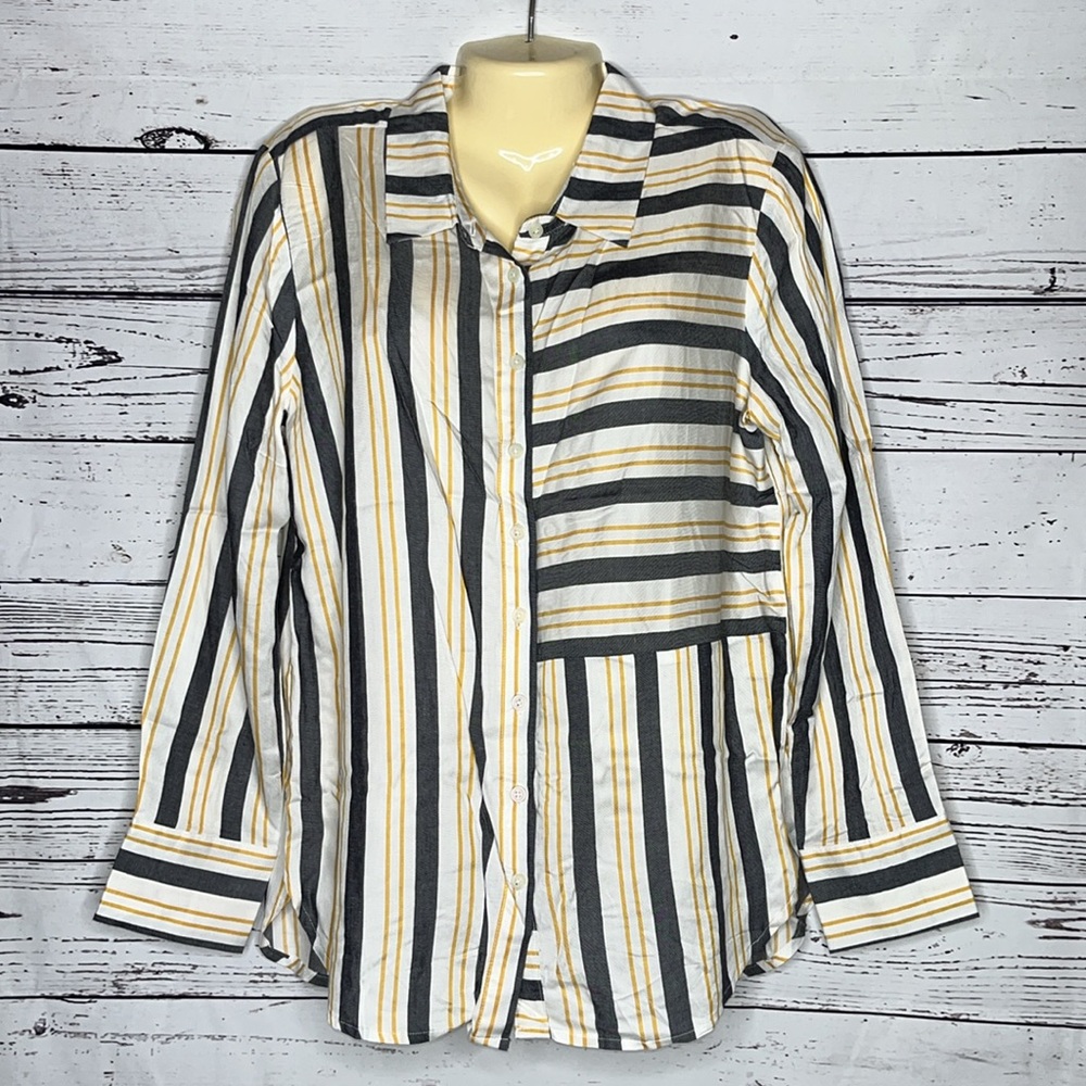 Alexander Jordan NWT Size L Blue & Yellow Stripe Rayon Button Down Shirt Top